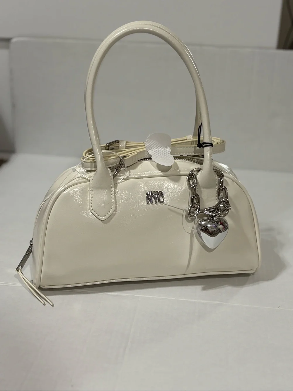 NYC Ivory Dome Satchel with Silver Heart Charm and Chain